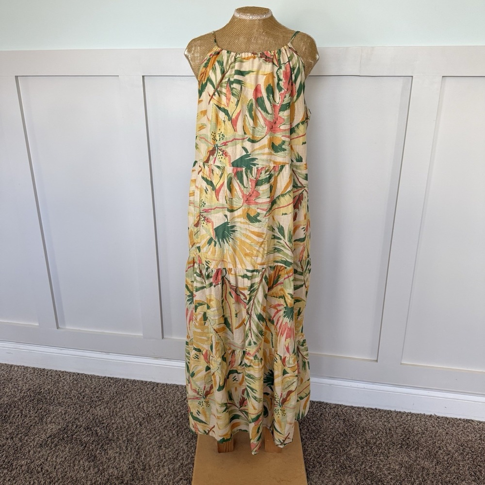 Primark Maxi Dress Size 16 Yellow 100% Cotton Lined Tropical Vacation Beach